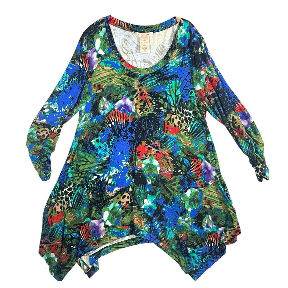 Philosophy Blouse Size XL Green Cheetah Fairy Print Cinched Sleeve Top